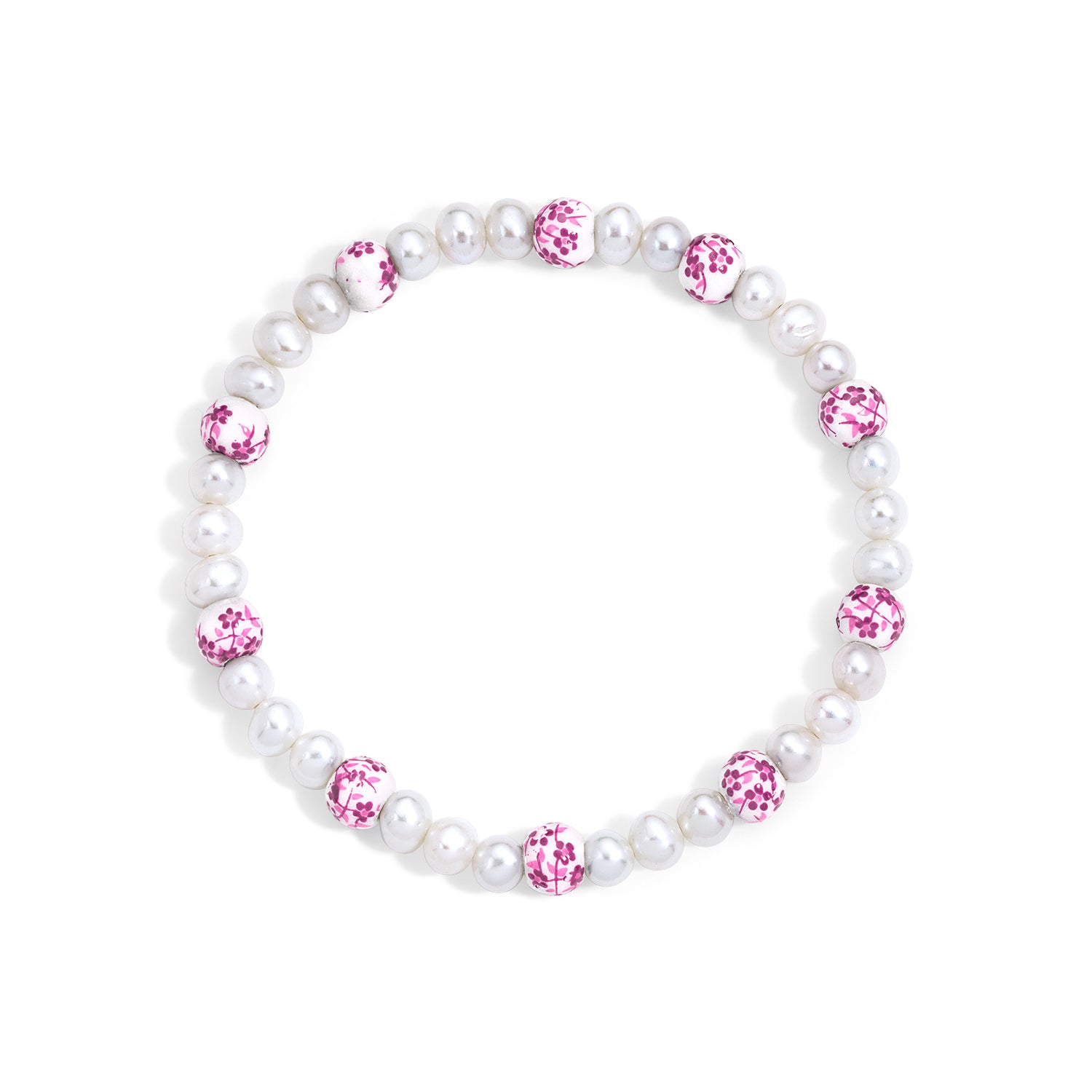 Pearl bracelet with pink gemstones on a white background