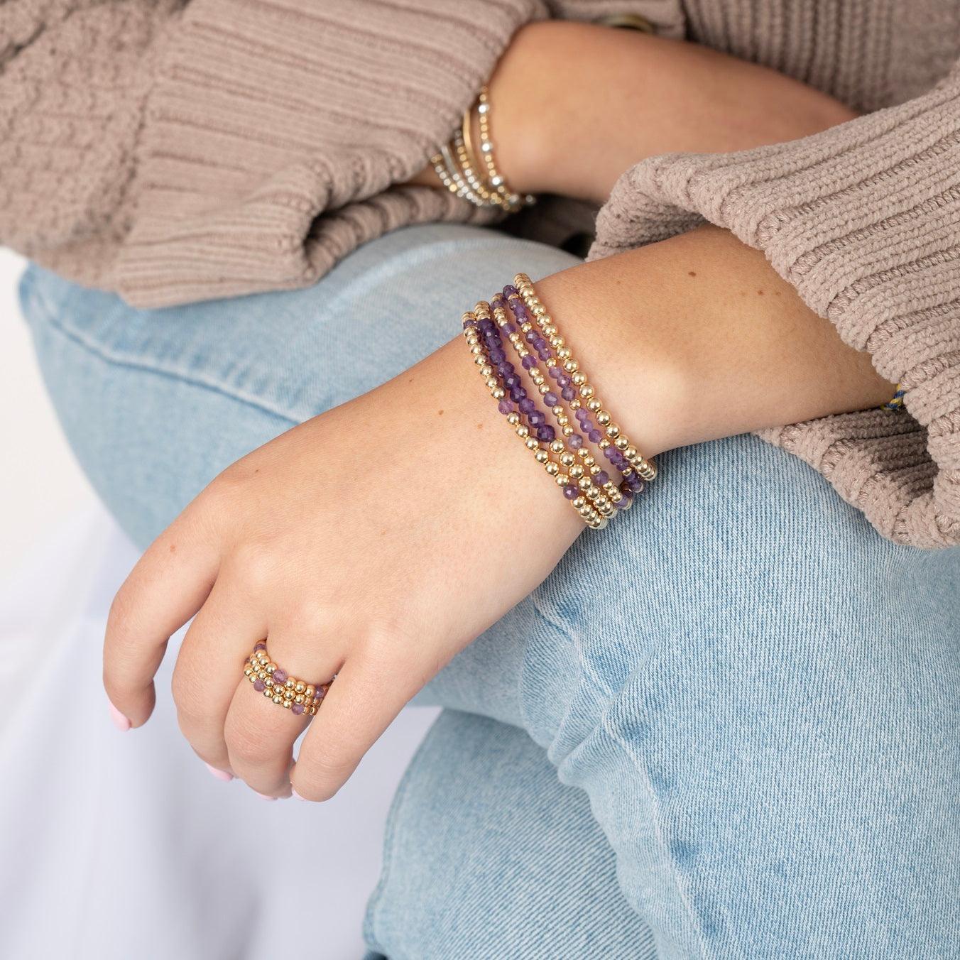 Gold filled beaded bracelets and rings with amethyst gemstones