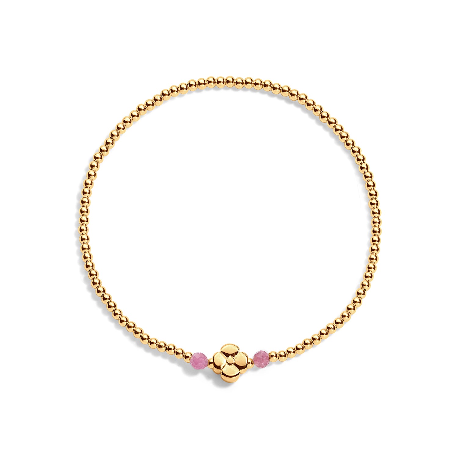 A gold-filled bracelet with a floral charm and pink tourmaline accent beads on a white background.