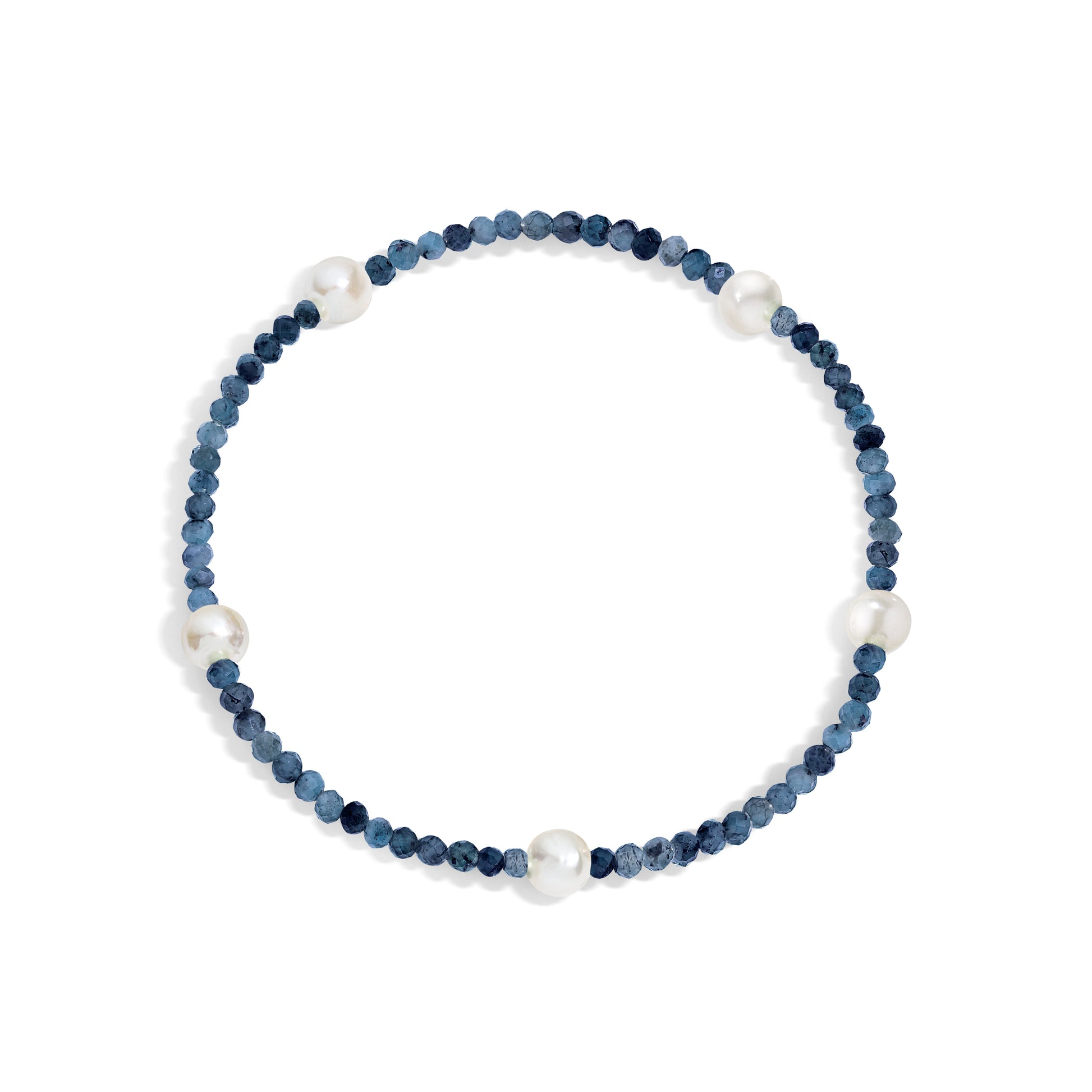 A bracelet with blue gemstones and white pearls, displayed on a white background.