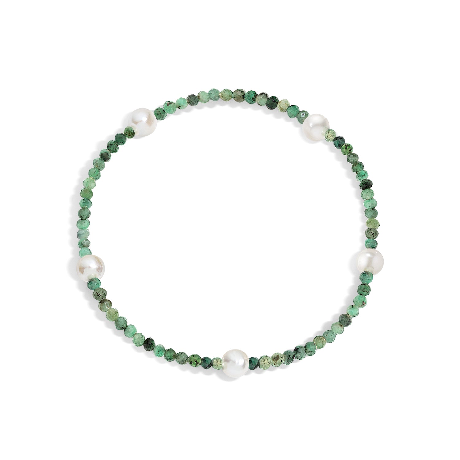 A bracelet with green gemstones and white pearls, displayed on a white background.