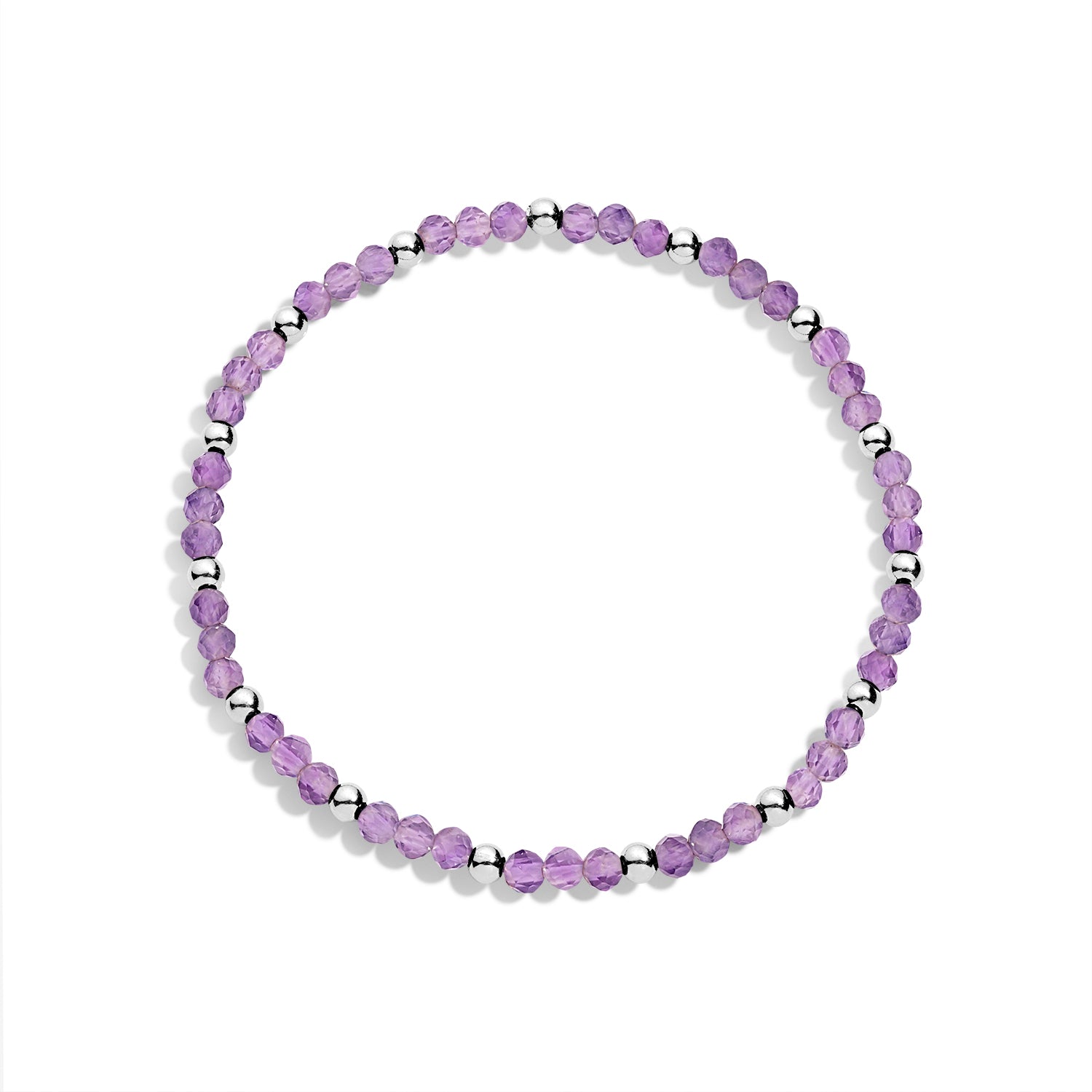 A sterling silver bracelet with purple gemstone beads and silver accents, displayed against a white background.