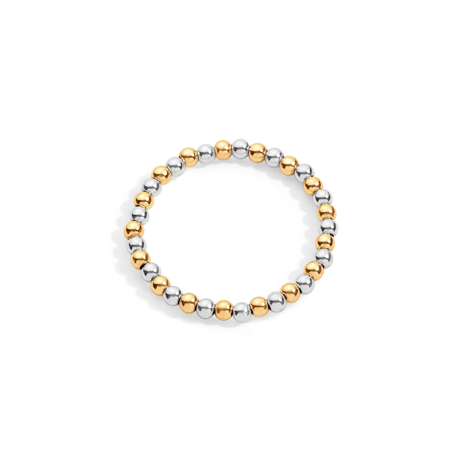 A gold & silver colored stretch ring on a white background.