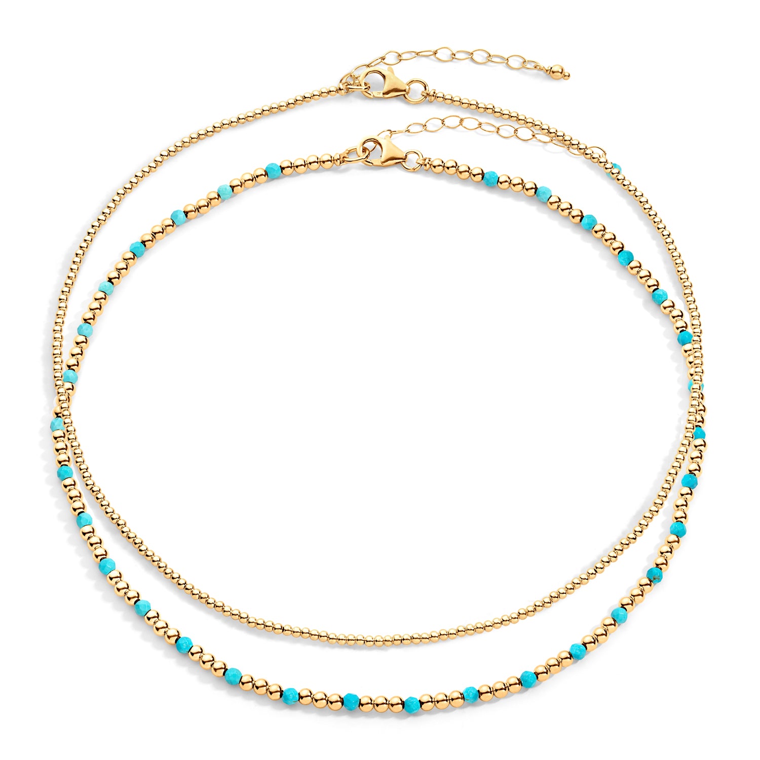 Two-layered gold-colored necklace with turquoise semi-precious gemstones and 14k gold-filled beads, displayed against a white background.