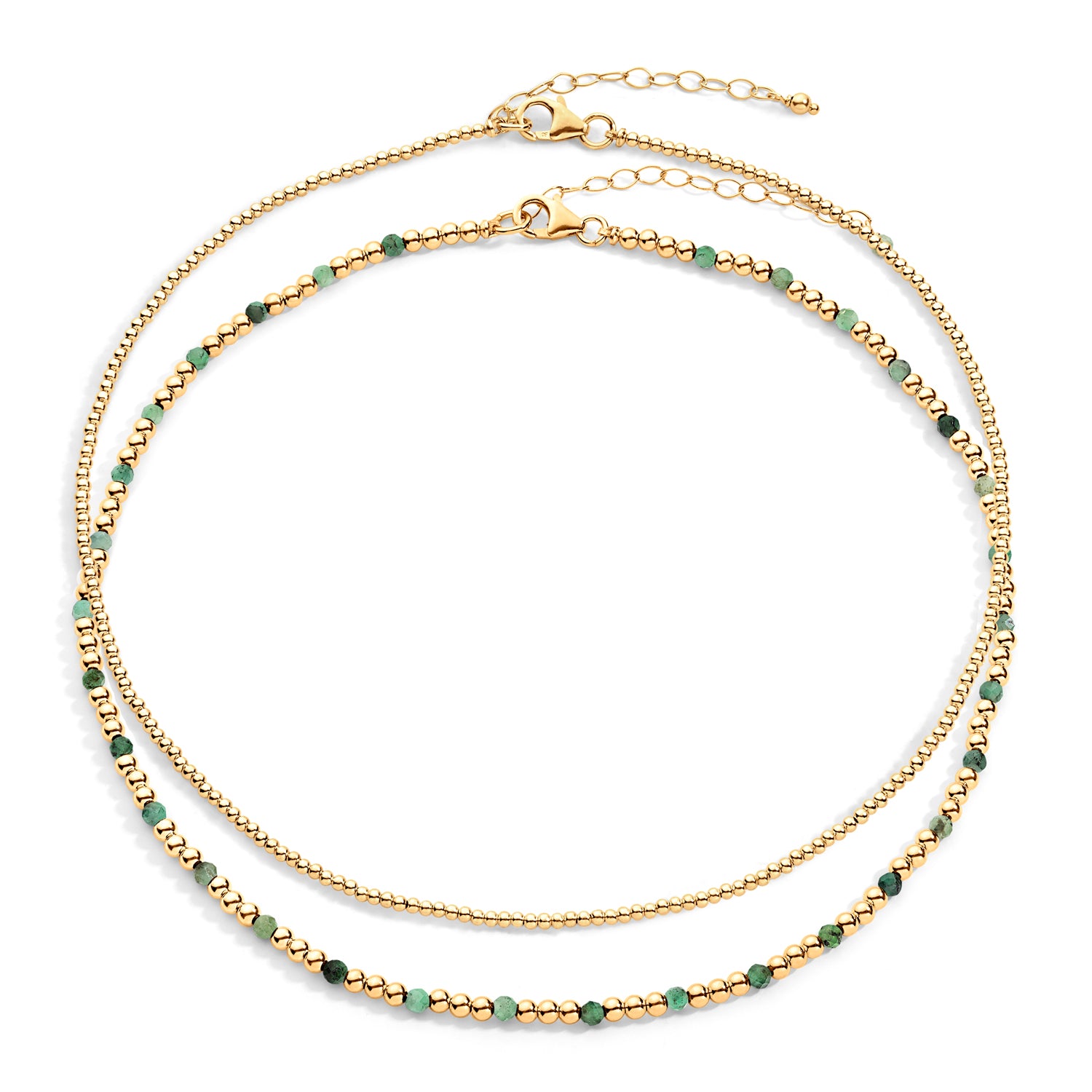 Two-layered gold-colored necklace with green semi-precious gemstones and 14k gold-filled beads, displayed against a white background.