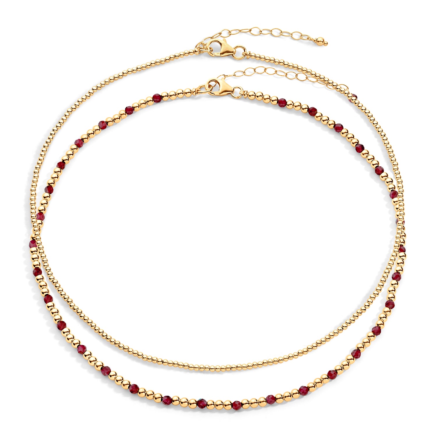 Two-layered gold-colored necklace with garnet semi-precious gemstones and 14k gold-filled beads, displayed against a white background.