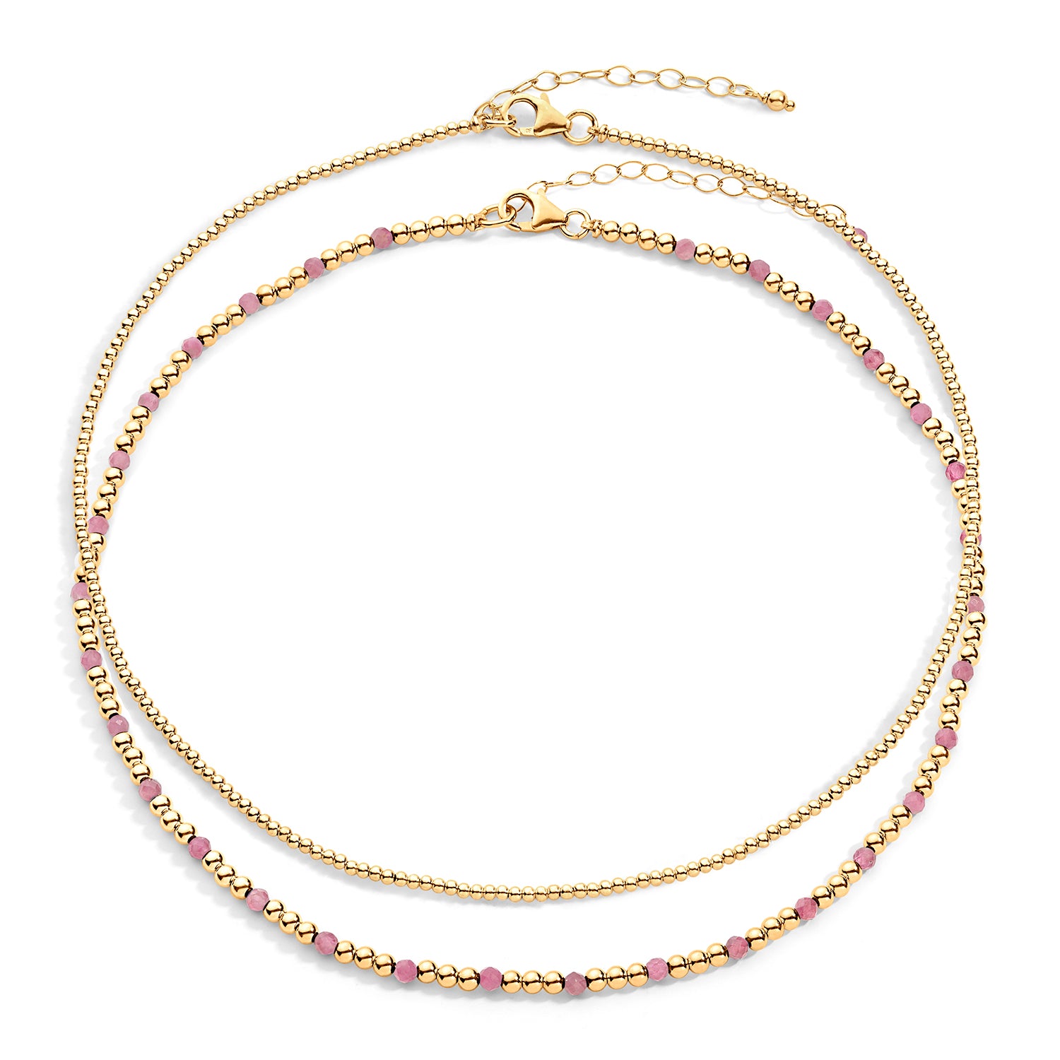 Two-layered gold-colored necklace with pink semi-precious gemstones and 14k gold-filled beads, displayed against a white background.