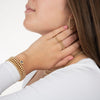 model wearing gold filled beaded necklaces, rings, bracelets and earrings