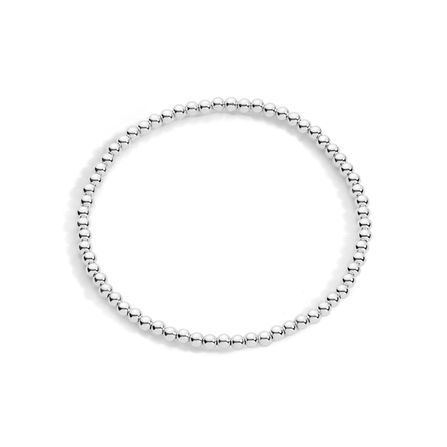 3mm sterling silver beaded stretch bracelet on white background