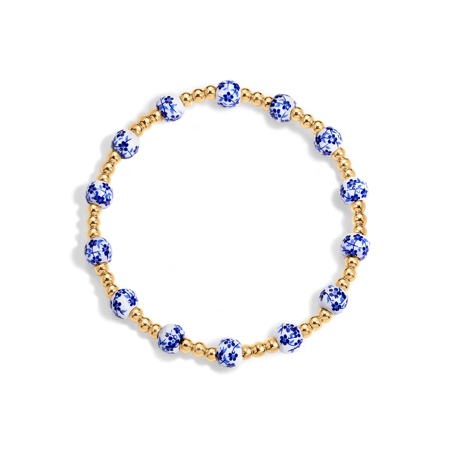 Bracelet with blue and gold beads on a white background