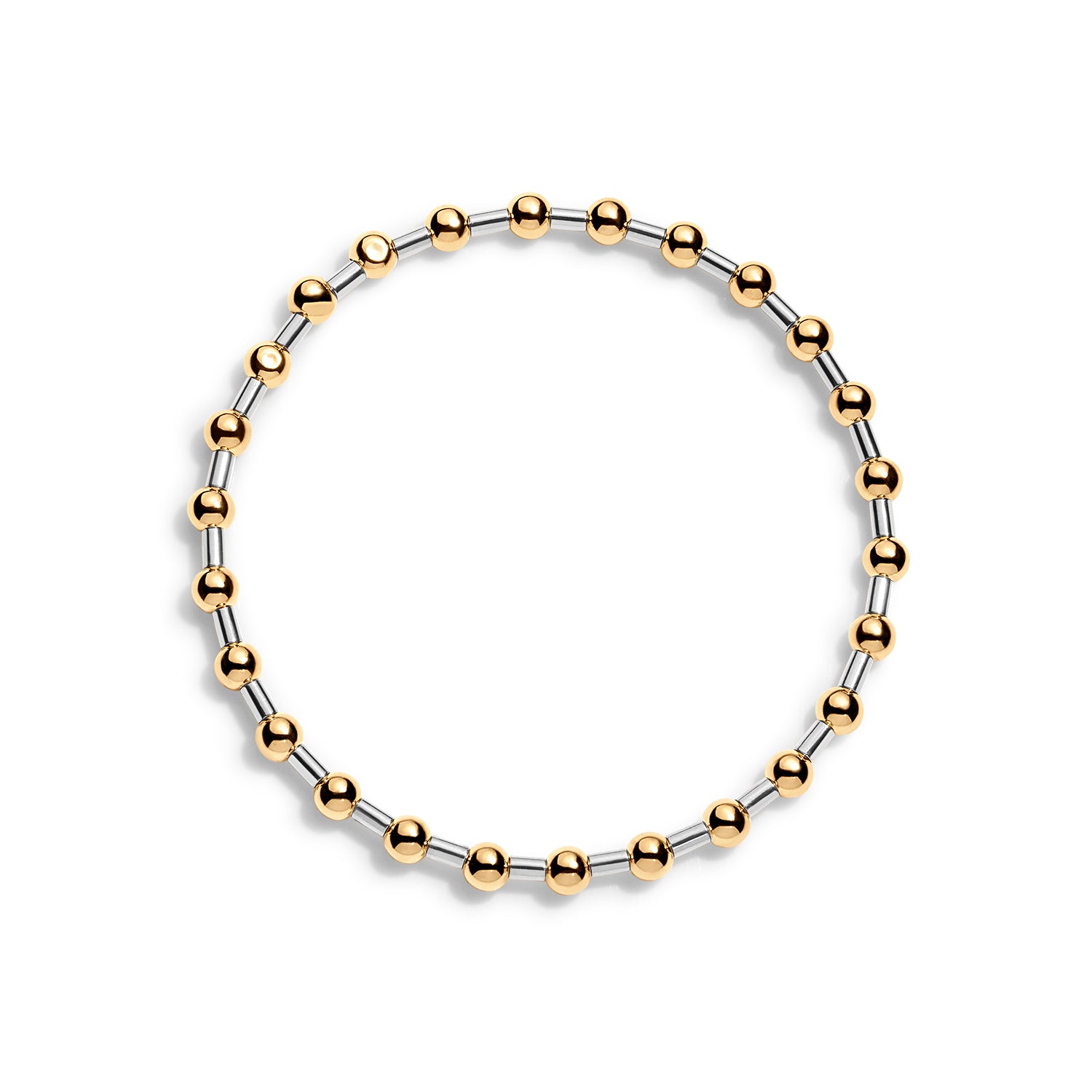 A bracelet made of gold-filled round beads with sleek accents, displayed against a white background.