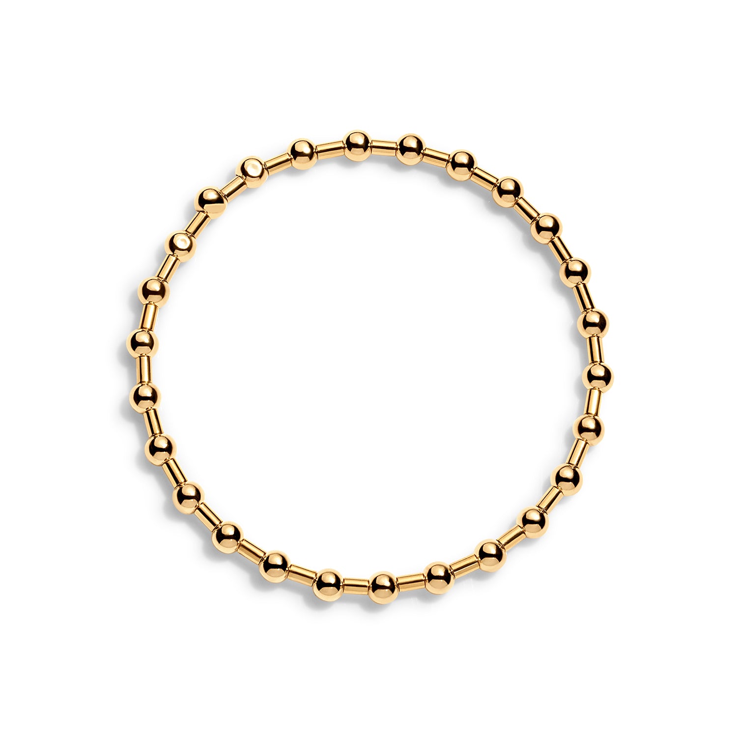 A bracelet made of gold-filled round beads with sleek accents, displayed against a white background.