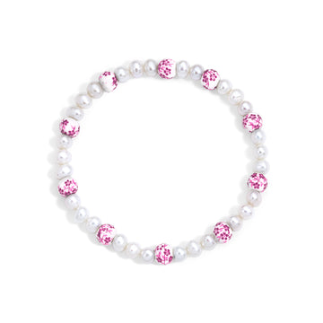 Pearl bracelet with pink gemstones on a white background