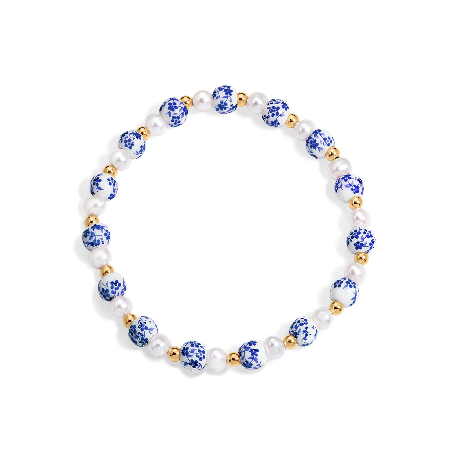Bracelet with blue floral beads and gold accents on a white background