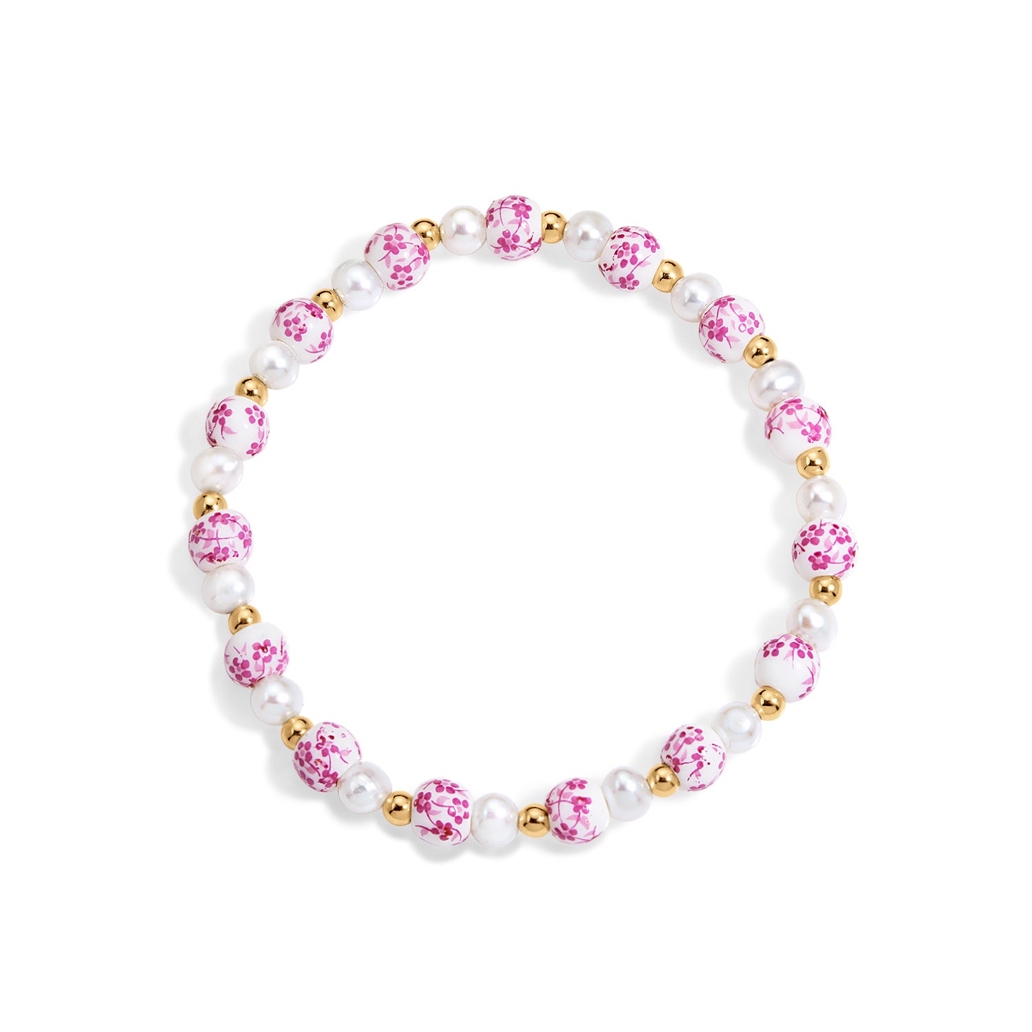 Bracelet with pink and gold beads on a white background