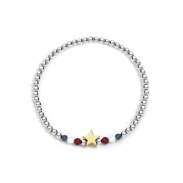 sterling silver bracelet with gold star and red, white and blue gemstones