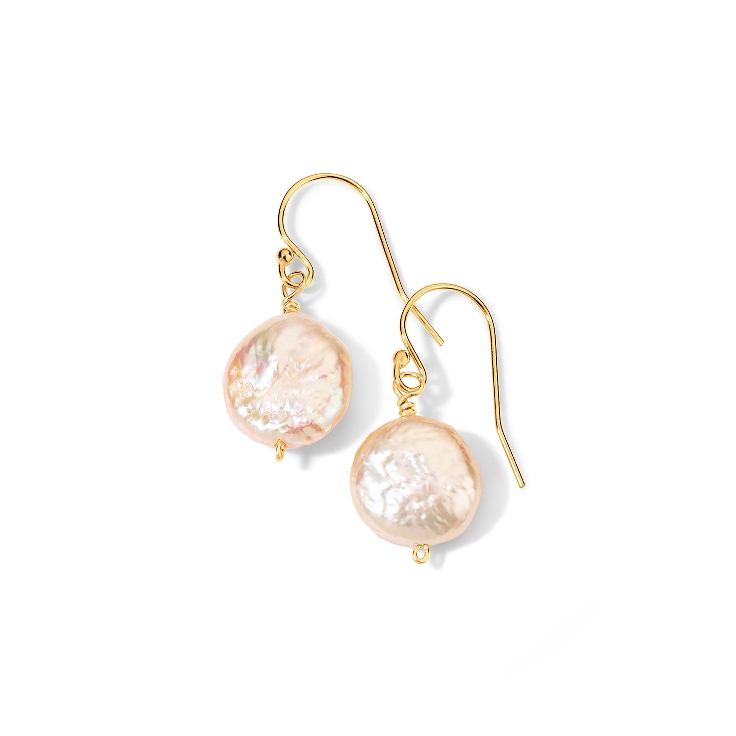 A pair of gold-tone fishhook drop earrings with irregular, lustrous pale pink baroque pearls, shown on a clean white background.