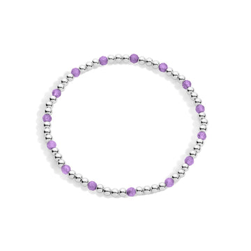 A sterling silver bracelet with purple gemstones, featuring a stretch design for flexibility.
