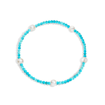 A bracelet with turquoise gemstones and white pearls, displayed on a white background.