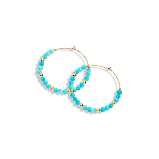 A pair of gold-filled hoop earrings with turquoise gemstones and gold beads