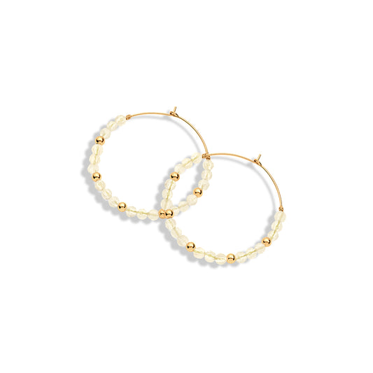 A pair of gold-filled hoop earrings with citrine gemstones and gold beads