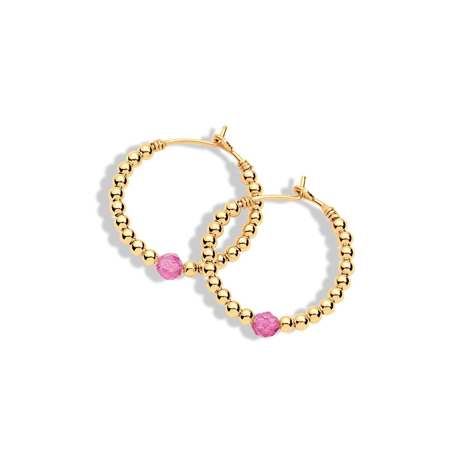 Gold filled beaded hoop earrings with pink gemstone