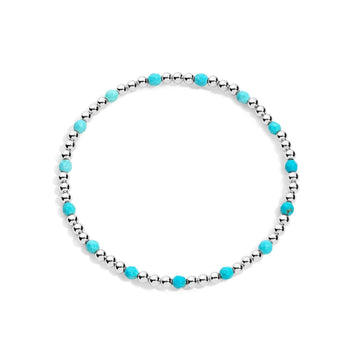 A sterling silver bracelet with turquoise gemstones, featuring a stretch design for flexibility.