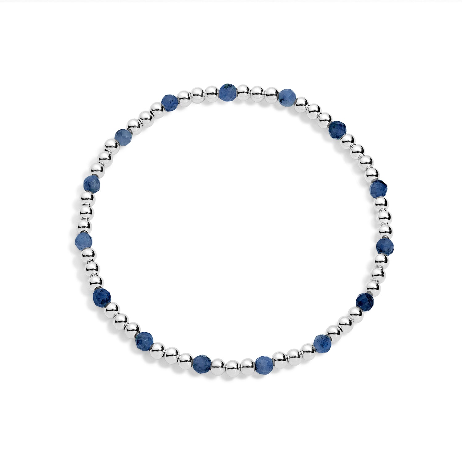 A sterling silver bracelet with blue gemstones, featuring a stretch design for flexibility.