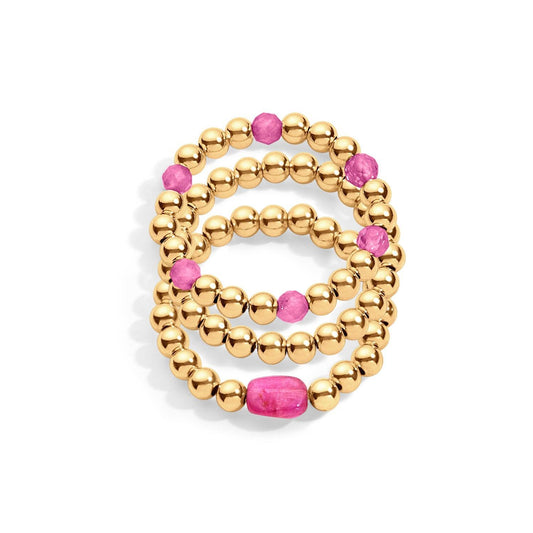 3 gold filled beaded rings with pink tourmaline gemstones