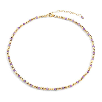  gold-filled chain necklace with amethyst semi-precious gemstone accents, displayed against a white background.