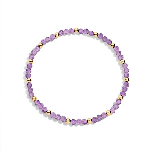 A bracelet with purple gemstones and gold-filled beads, displayed against a white background.